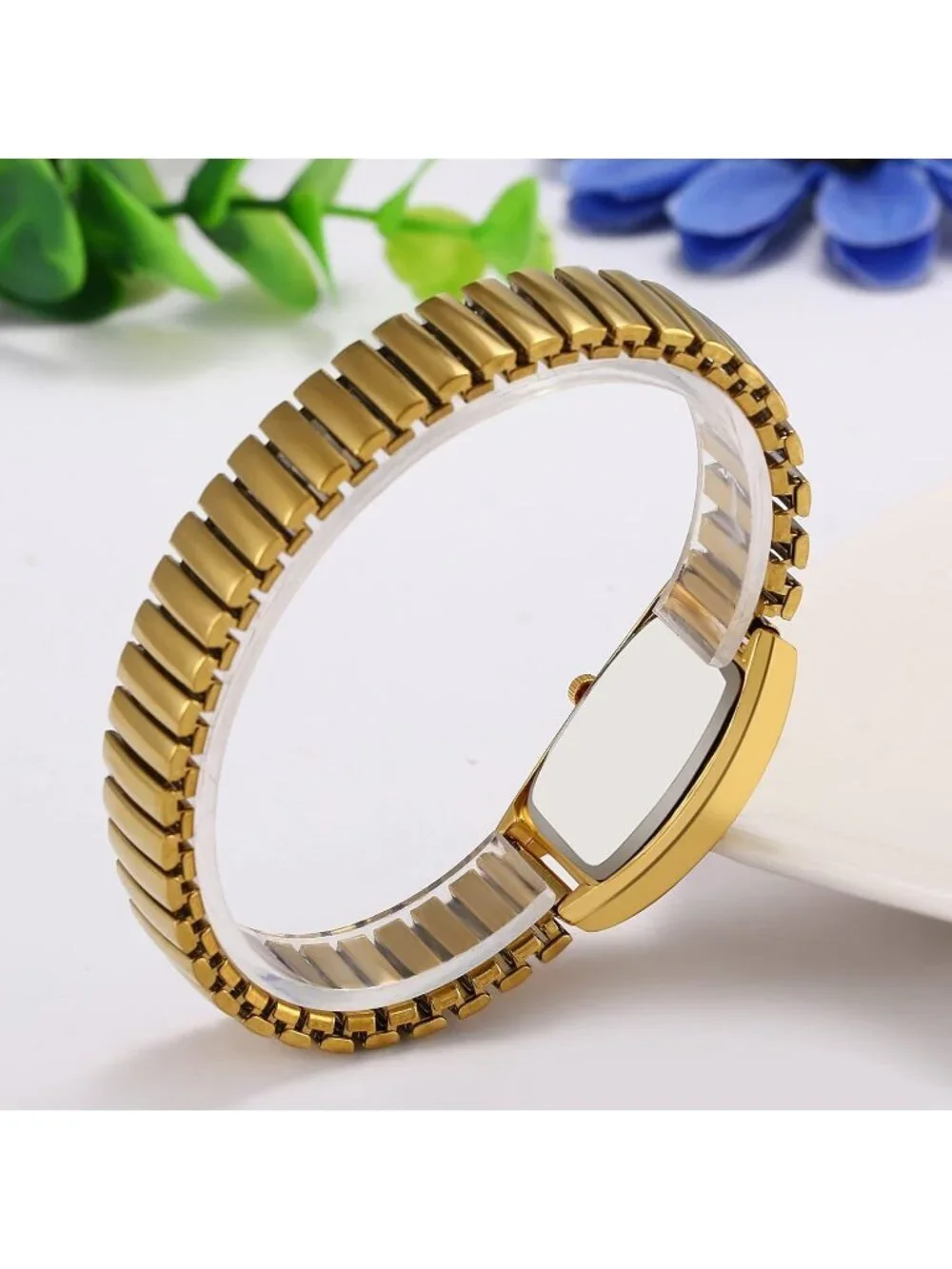 Women's All Gold Analog Quartz Big Dial Easy Reader Stretch Band Wrist Watch